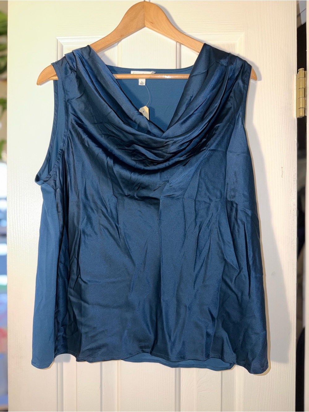 Love & Promises Cowl Neck Women's Sleeveless Top in Teal Blue Satin.